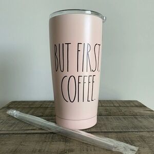 Rae Dunn Stainless Steel Tumbler BUT FIRST COFFEE Pink 17 oz. New Includes Straw